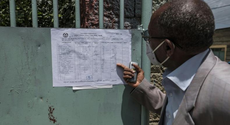 Election results posted at a polling station in the city of Mekele