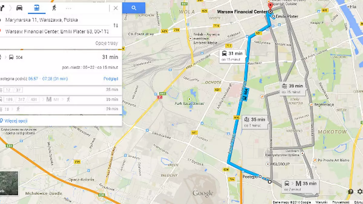 Google Transit dostępne w Warszawie