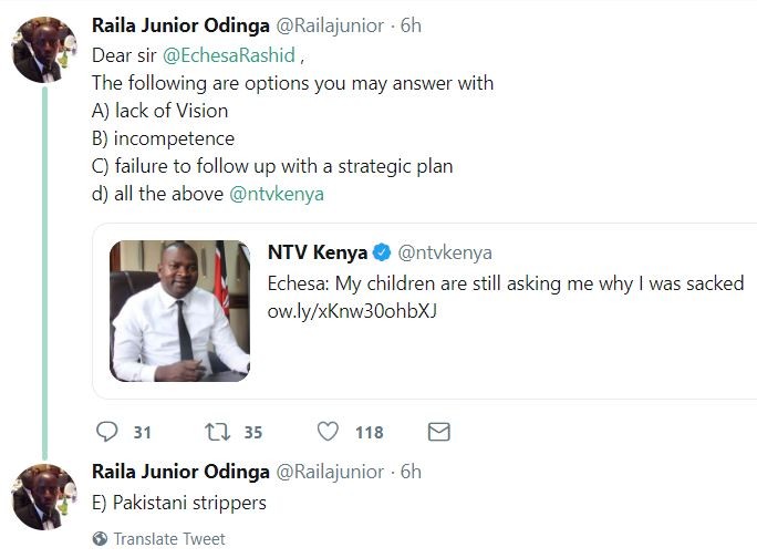 4 answers Raila’s son wants Echesa to give his children on why he was sacked 