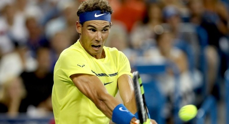 Rafael Nadal of Spain returns a shot to Richard Gasquet of France at the Western & Southern Open in Mason, Ohio