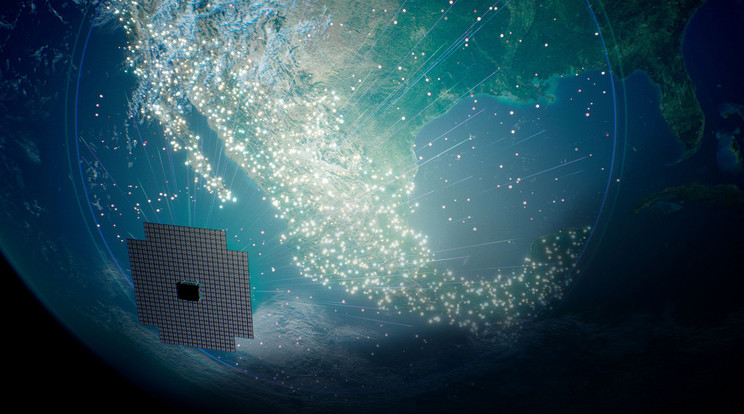 A Blue Walker 3 az eddigi tegterjedelmesebb kereskedelmi műhold, amely alacsony Föld körüli pályán kering. Napelemeinek hatalmas felülete rengeteg napfényt ver vissza, ami zavarhatja a csillagászati megfigyeléseket. Ugyanakkor ez a szatellit kommunkálni tud a közönséges mobiltelefonokkal, azaz bárhol képes szélesávú szolgáltatást nyújtani. / Kép: AST