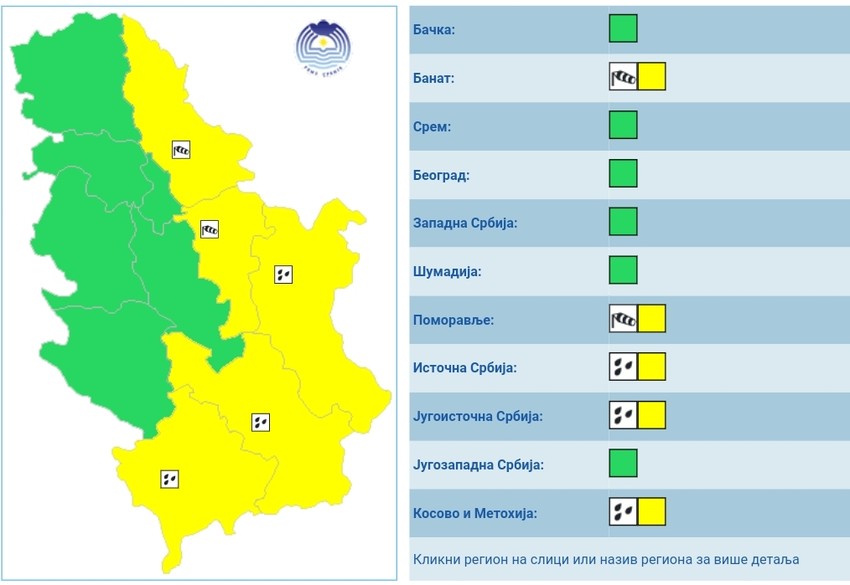 Upaljen žuti meteoalarm zbog kiše i vetra