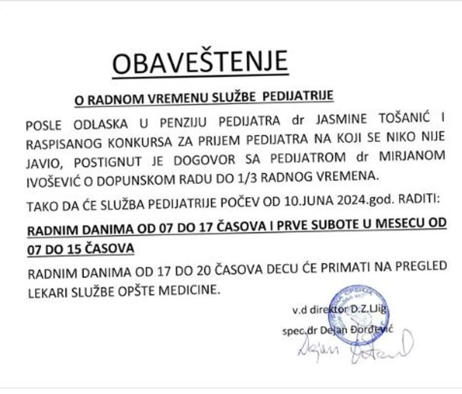 Obaveštenje u Domu zdravljja u Ljigu