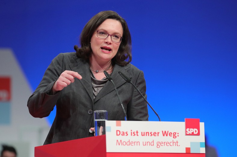 Andrea Nahles w czasie konwencji partyjnej SPD w Berlinie, 7.12.2017