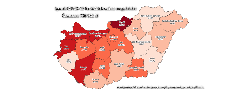 A fertőzöttek száma megyénként/ Fotó: koronavírus tájékoztató oldal