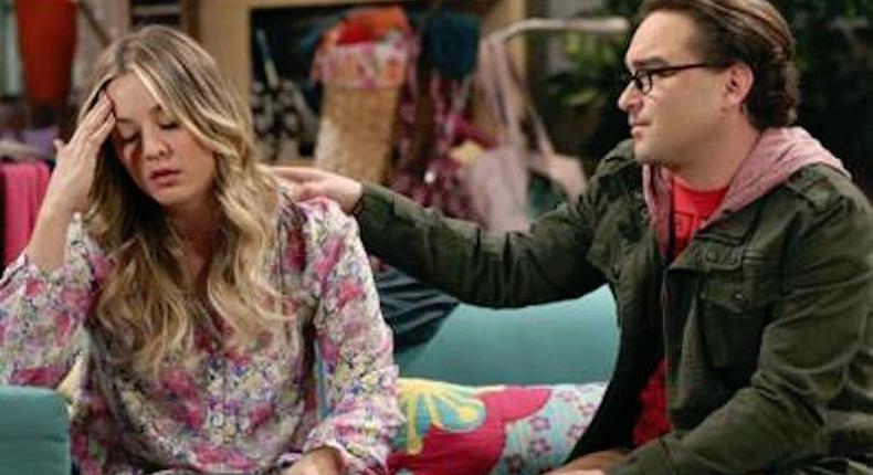 big bang theory penny and leonard breakup couple breaking up headache sad upset comfort