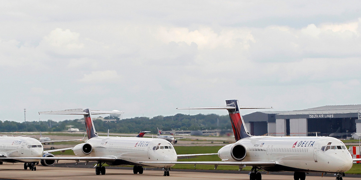 Delta Air Lines jets waiting to take off in Atlanta.