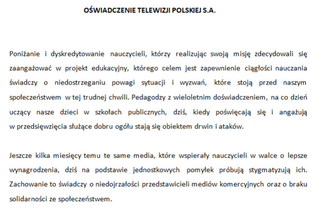 Oświadczenie Telewizji Polskiej w sprawie programu "Szkoła z TVP"