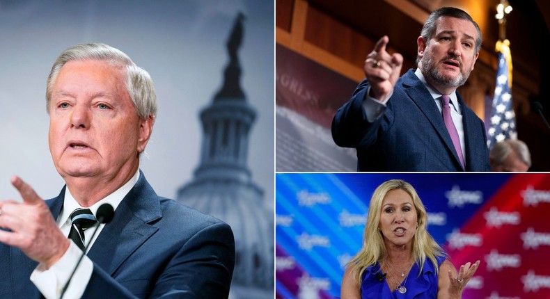 Sen. Lindsey Graham, left, Sen. Ted Cruz, top right, and Rep. Marjorie-Taylor Greene, bottom-right