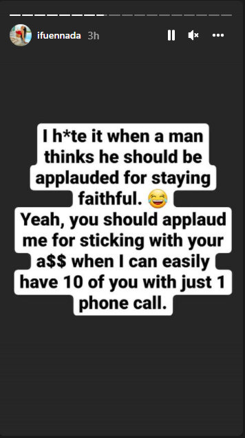 The actress also berated those who believe men should be applauded for being faithful.