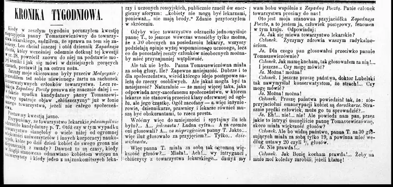 Bolesław Prus wiele razy stawał w obronie doktor Anny i na łamach &quot;Kuriera Warszawskiego&quot; krytykował stanowisko Towarzystwa Lekarskiego Warszawskiego. Wydanie z 20 lutego 1878 r. 