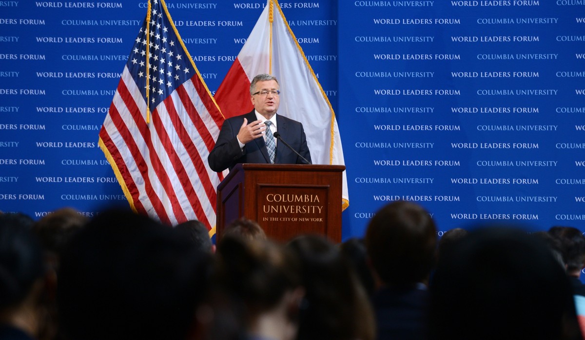 Prezydent Bronisław Komorowski wygłasza wykład w ramach dorocznego Światowego Forum Liderów na Uniwersytecie Columbia w Nowym Jorku