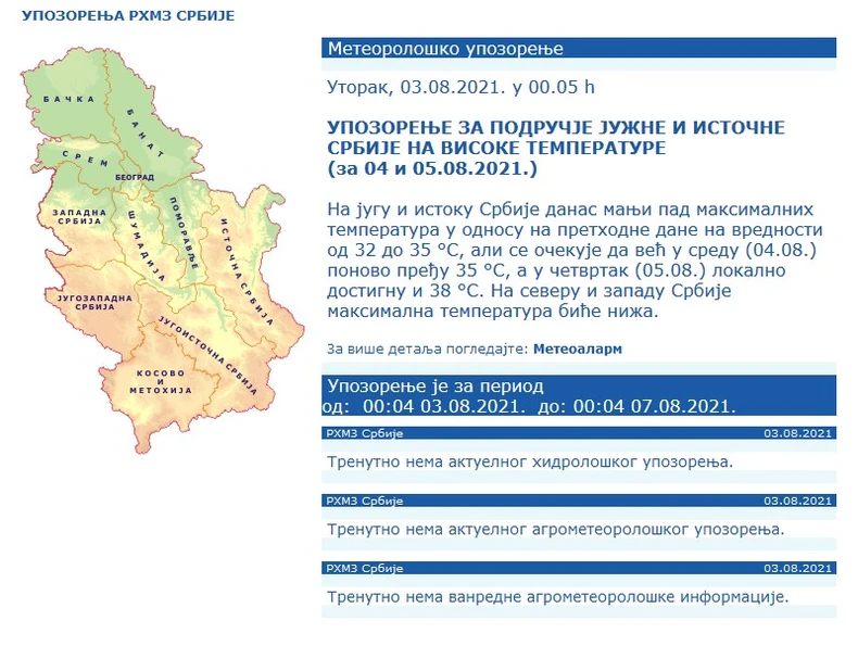 Upozorenje za Istočnu i Južnu Srbiju