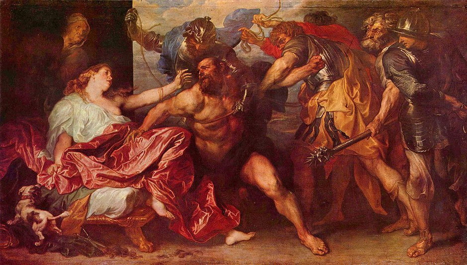 Samson i Dalia. Biblijny Samson miał pokonać Filistynów na wzgórzu, nazwanym później Lechi Oznaczało to oślą szczękę, przy pomocy której rozprawił się z przeciwnikami (domena publiczna)