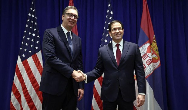 Predsednik Srbije Aleksandar Vučić i američki državni sekretar Marko Rubio | Foto: CHARLY TRIBALLEAU/POOL/AFP via Getty Images