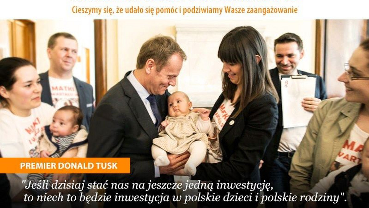 - Znaleźliśmy kwoty, które powinny się zbilansować  - zapewnił premier Donald Tusk Matki I Kwartału na spotkaniu w Kancelarii Prezesa Rady Ministrów. Chodzi o środki, które mają być przeznaczone na wydłużenie urlopów rodzicielskich dla rodziców dzieci, które przyszły na świat w I kwartale 2013 oraz na dopłaty do przedszkoli.