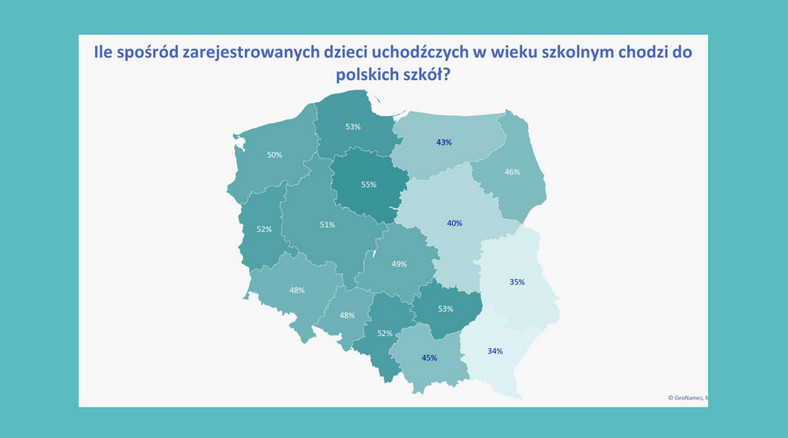 Ukraińskie dzieci w polskich szkołach według województw