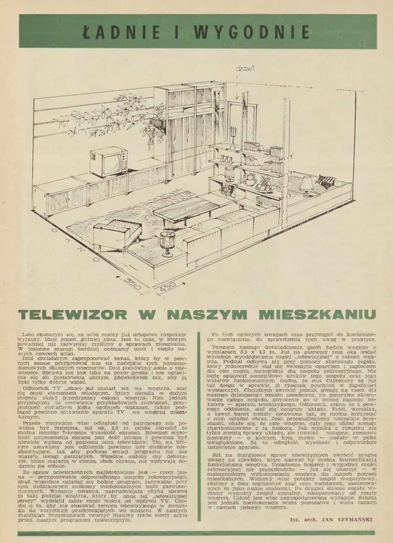 Artykuł "Ładnie i wygodnie" Jana Szymańskiego z magazynu "Życie Osiedli Warszawskiej Spółdzielni Mieszkaniowej", w którym opisano rolę telewizora oraz jego położenie w PRL-owskich salonach