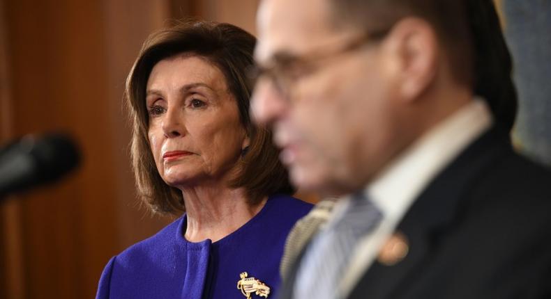 US Speaker of the House Nancy Pelosi stood alongside House Judiciary Chairman Jerry Nadler as the Democrats announced articles of impeachment against  US President Donald Trump