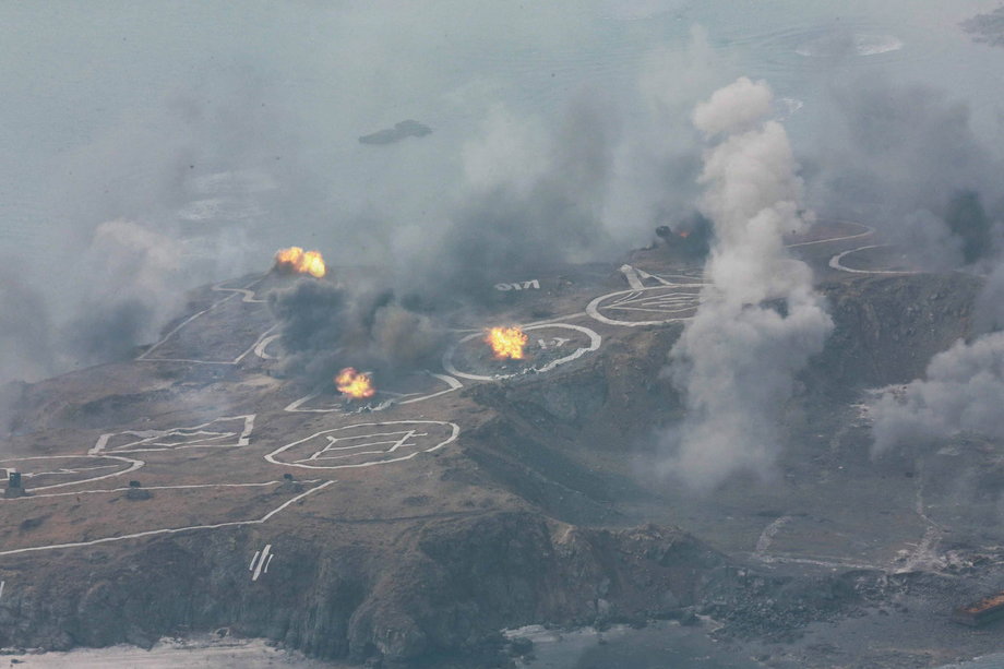 Aerial view of artillery fire and landing exercises supposedly guided by North Korean leader Kim Jong Un.