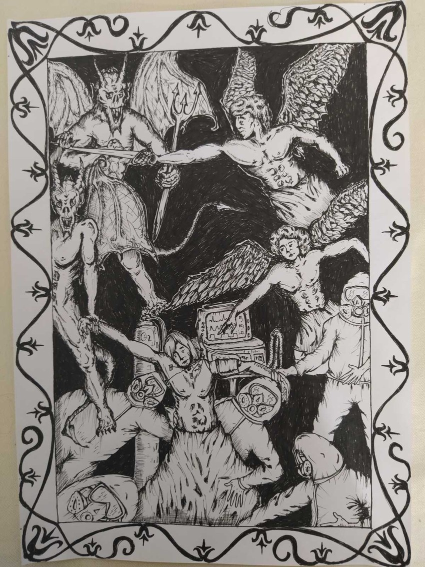 Epska borba izmedju dobra i zla u kovid bolnici crtež dr Mladena Stojanovića anesteziologa iz Aleksinca