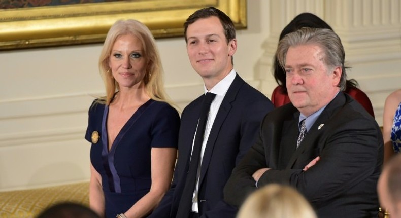 President Donald Trump has moved to reduce tensions between supporters of his Senior Advisor Jared Kushner (C) and chief strategist Steve Bannon