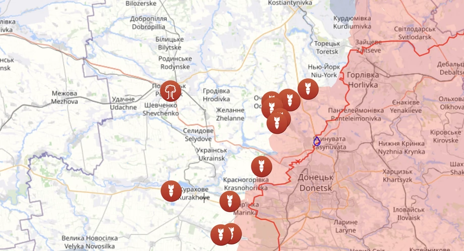 Linia frontu w pobliżu miejscowości Szewczenko (i znajdujących się przy niej złóż litu) z oznaczonymi rosyjskimi nalotami z dnia 5 kwietnia 2024 r.