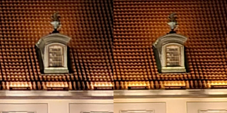 Wycinek 1:1 sceny nocnej z modułów tele - zdjęcie z Galaxy S21 5G po lewej, z Galaxy S20 FE 5G po prawej