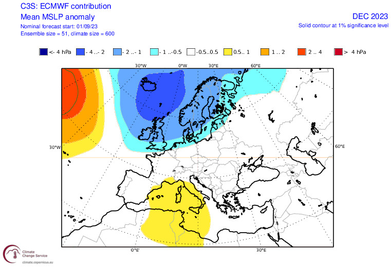 Prognoza anomalii ciśnienia atmosferycznego w Europie w grudniu. Widać niskie ciśnienie na północy Starego Kontynentu oraz znacznie wyższe na południu.