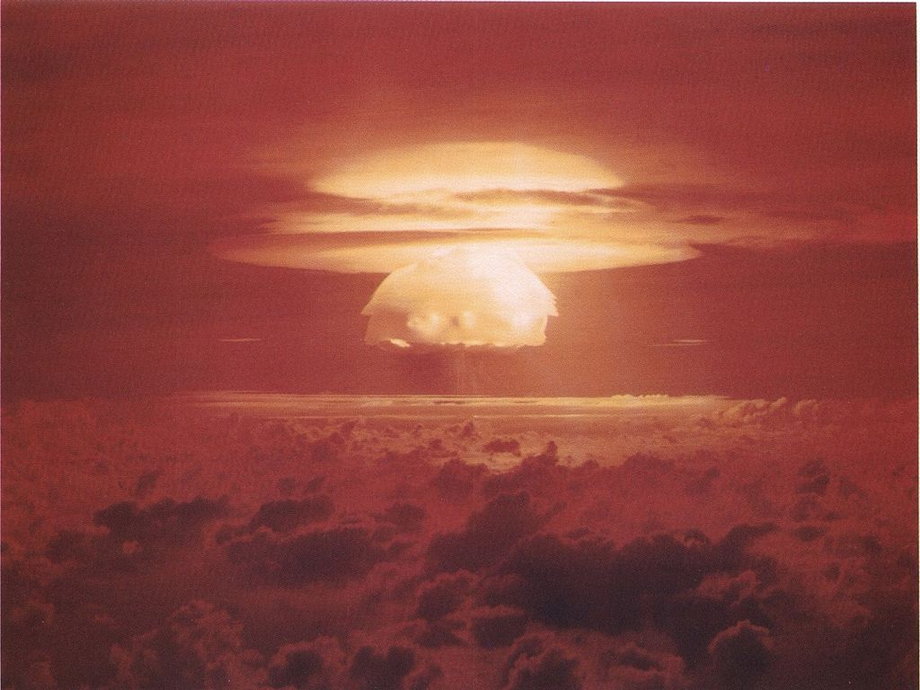 The mushroom cloud of the Castle Bravo test device, detonated on March 1, 1954. The 15,000-kiloton bomb was the most powerful nuclear device the US ever detonated.