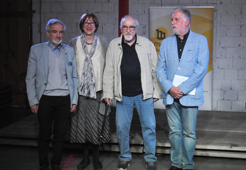 Žarko Trebješanin, Milena Dragičević Šešić, Koraks i Peca Popović na otvaranju izložbe