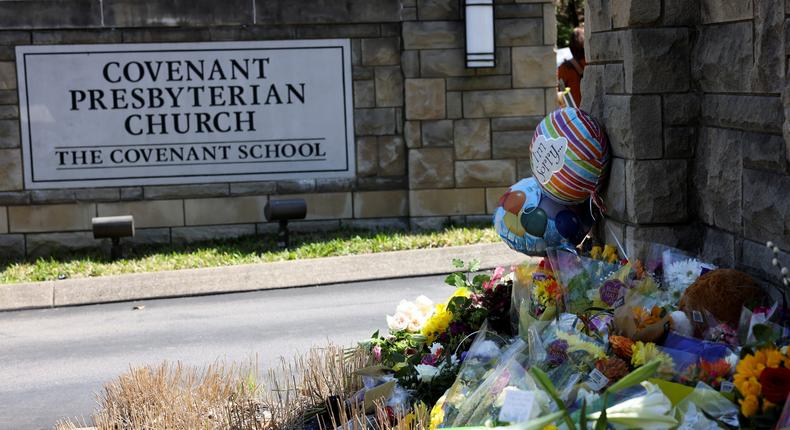 View of a memorial for the fallen at the school entrance after a deadly shooting at the Covenant School in Nashville, Tennessee, on March 28, 2023.Austin Anthony/Reuters