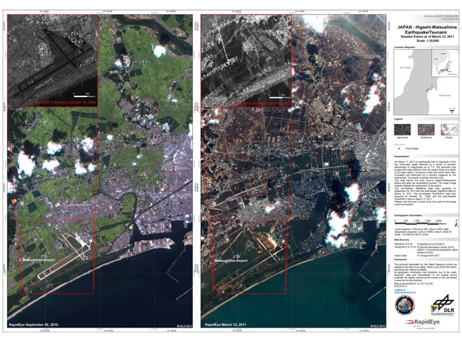 Zdjęcia wykonane przez satelitę RapidEye, przedstawiające północno-wschodnią część Japonii. Obraz po lewej pochodzi z 5 września 2010, po prawej - z 12 marca 2011