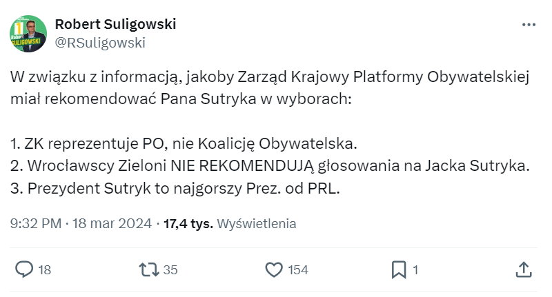 Startujący z list Koalicji Obywatelskiej Robert Suligowski odciął się od kandydatury Jacka Sutryka na Twitterze