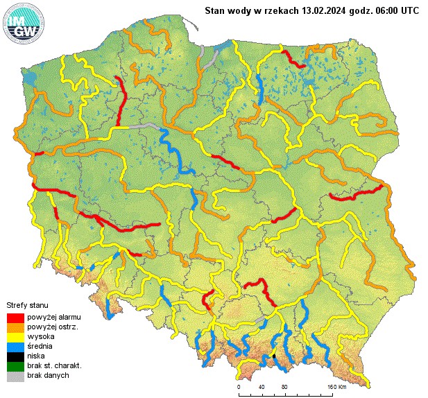 Strefy stanów wód w rzekach we wtorkowy poranek