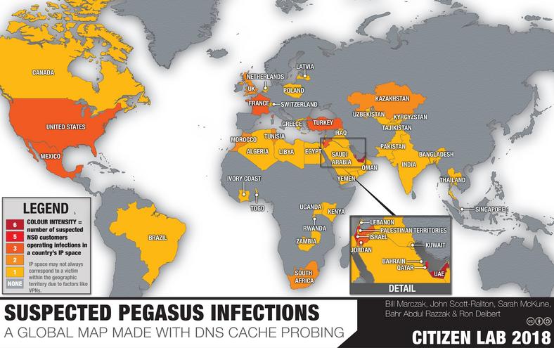 Kraje z infekcjami przypisywanymi Pegasusowi 
