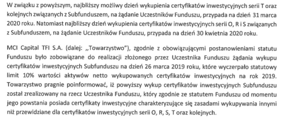 List zarządu MCI Capital TFI  w sprawie redukcji wykupów certyfikatów inwestycyjnych funduszu MCI TechVentures 1.0