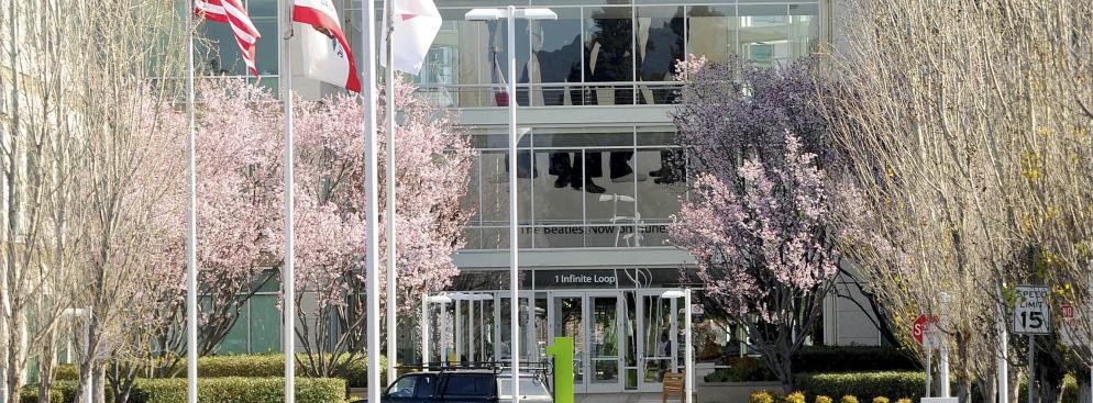 Flagi powiewające przed siedzibą firmy Apple Inc., Cupertino w Kalifornii / USA