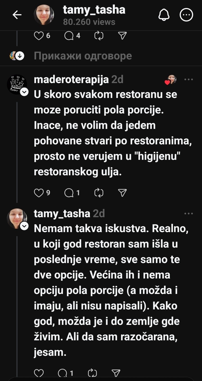 "U svakom restoranu se može naručiti pola porcije..."