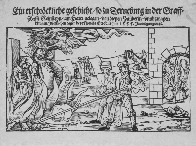 Tradycyjny niemiecki drzeworyt przedstawiający prześladowanie czarownic poprzez palenie na stosie