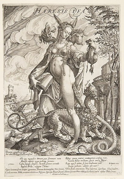 Herezja jako bogini z Mantikorą, rycina XVI-wieczna (domena publiczna)