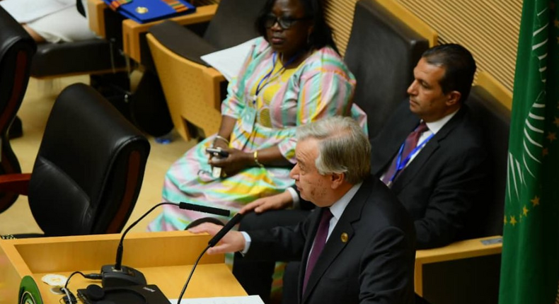 António Guterres speaking at the ordinary session of the African Union at its headquarters in Addis Ababa, Ethiopia, on Sunday, (twitter/antonioguterres)