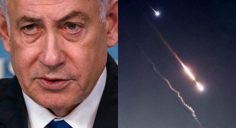 L: Israeli Prime Minister Benjamin Netanyahu.
R: Objects are seen in the sky above Jerusalem after Iran launched drones and missiles toward Israel.LEO CORREA (Getty Images) | REUTERS