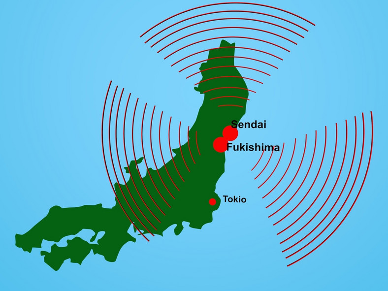 Mapa z zaznaczonym epicentrum trzęsienia ziemi w Japonii.