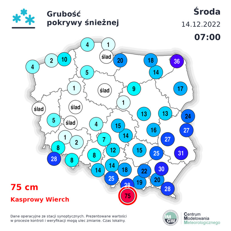 Grubość pokrywy śnieżnej w Polsce w środę rano