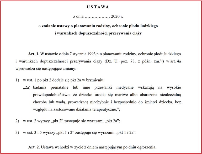 Prezydencki projekt zmian w prawie aborcyjnym z  2020 r.