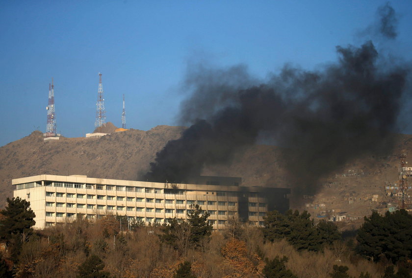 The Intercontinental Hotel is seen during an attack in Kabul, Afghanistan