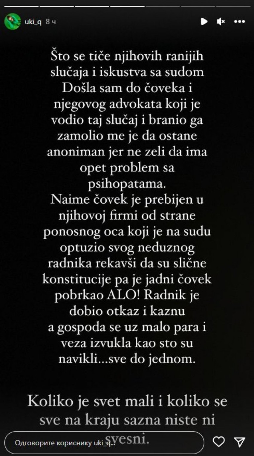 Objava Uki Q o sestri i zetu nasilniku