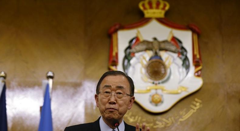 United Nations (U.N.) Secretary-General Ban Ki-moon speaks during a news conference at the Foreign Ministry in Amman March 27, 2016. 