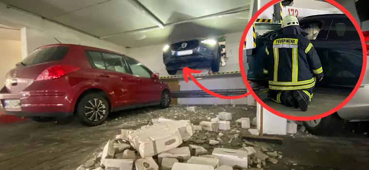 Katastrofa na parkingu. Kierująca przebiła ścianę garażu